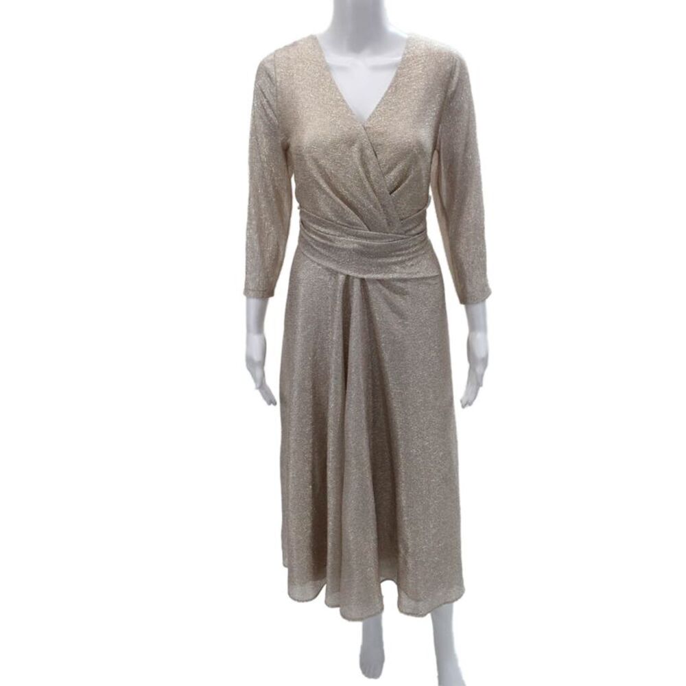 Talbot Runhof Womens Fit & Flare Dress Gold V Neck Long Sleeve Maxi Size 12